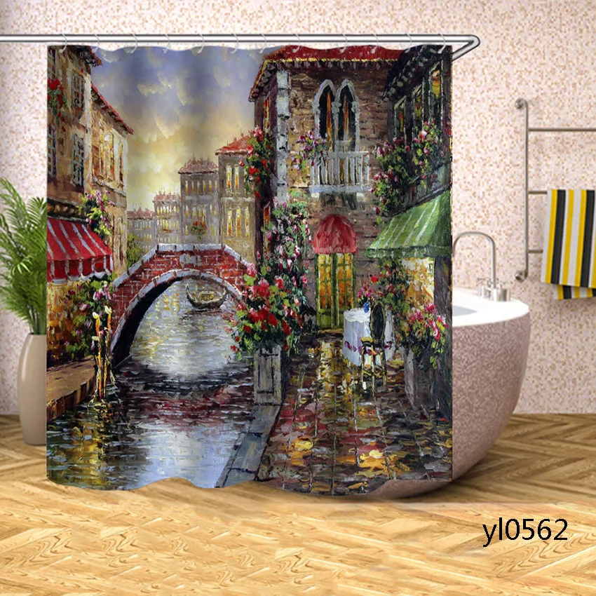 

Beautiful Town Shower Curtains Waterproof Bath Curtains Household for Bathroom Bathtub Large Wide Bathing Cover Rideau De Bain