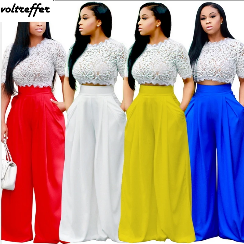 Весна 2018 Белый Кружевной укороченный топ и расклешенные штаны комплект из двух