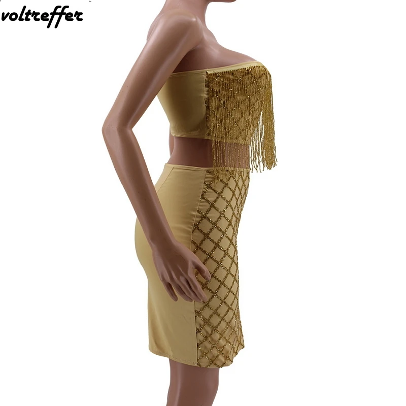 Золотые кисточки без бретелек из двух частей Bodycon Бандажное платье мини миди