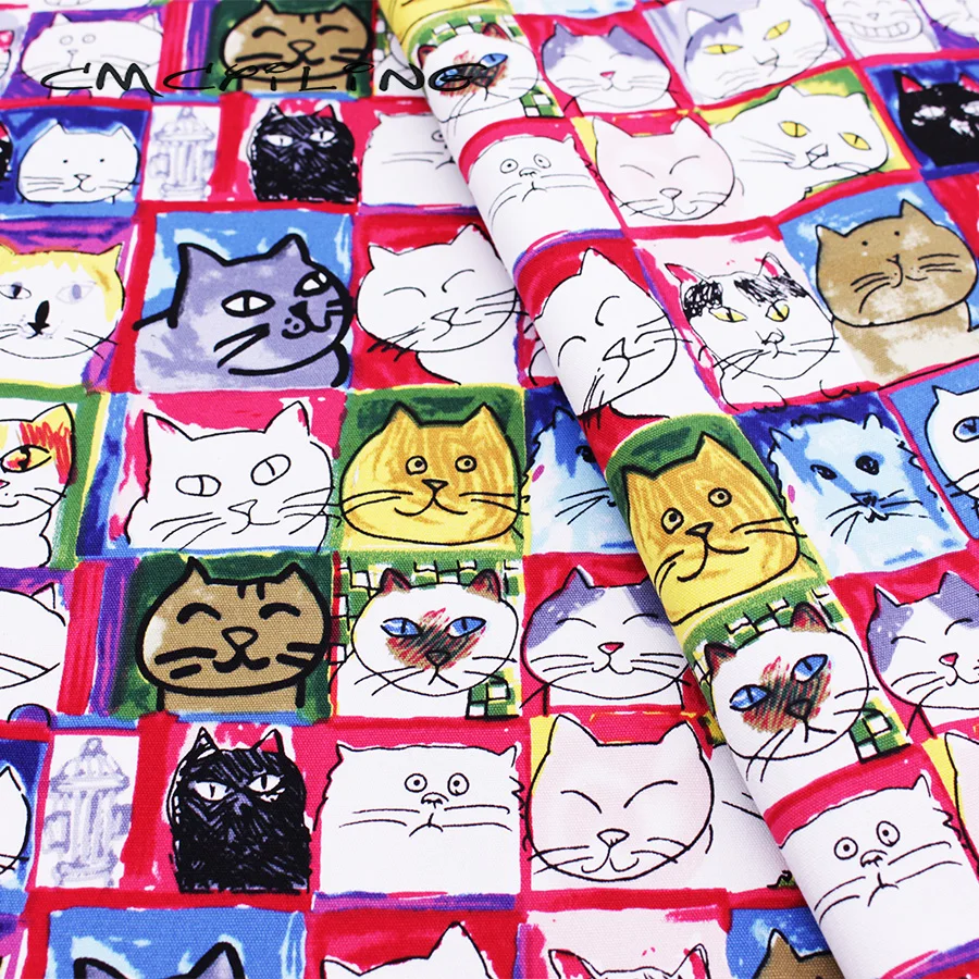 

CMCYILING Printed Cotton Canvas Fabric Cartoon Cat Cloth For Sofa Table Cloth Bag Doll Curtain Home Decoration 50*150cm