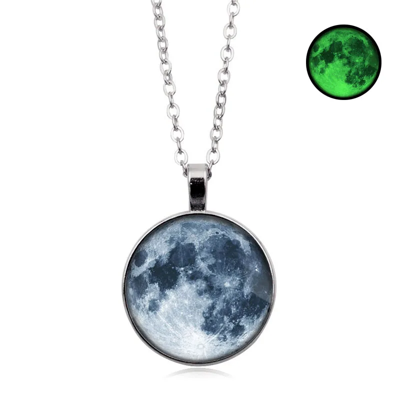 3 Hot sale Glow In The Dark Moon Pendant Necklace Galaxy Planet Glass Cabochon Luminous Jewelry Silver Chain Necklace Women - Окраска металла: 3