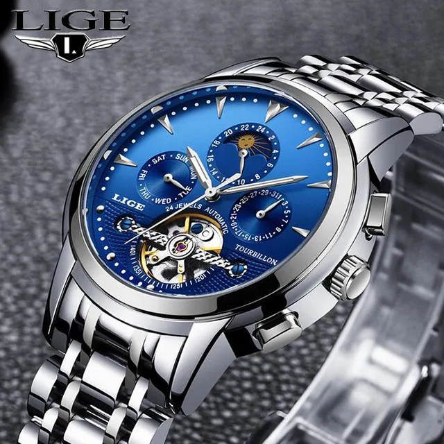 LIGE для мужчин часы Self-Wind Tourbillon механические водостойкий Автоматический Скелет