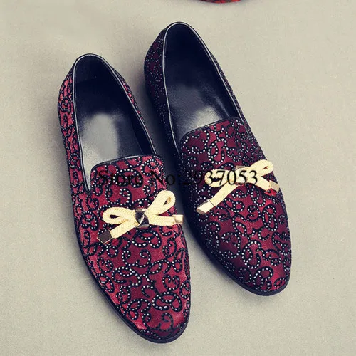 Мужские туфли с бантом бордовые шипами лоферы на плоской подошве свадебные 2017|dress