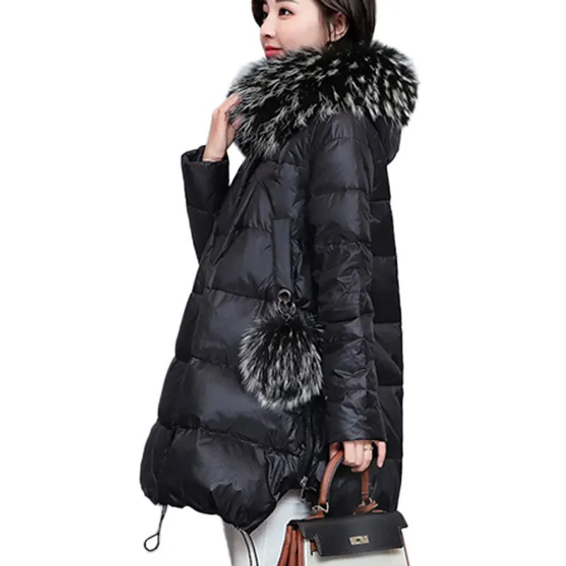 90% Fluffy White Duck Down Warm Coat Women Winter Jacket Long Parkas Raccoon Fur collar Hooded Outerwear Ladies New XC25 | Женская