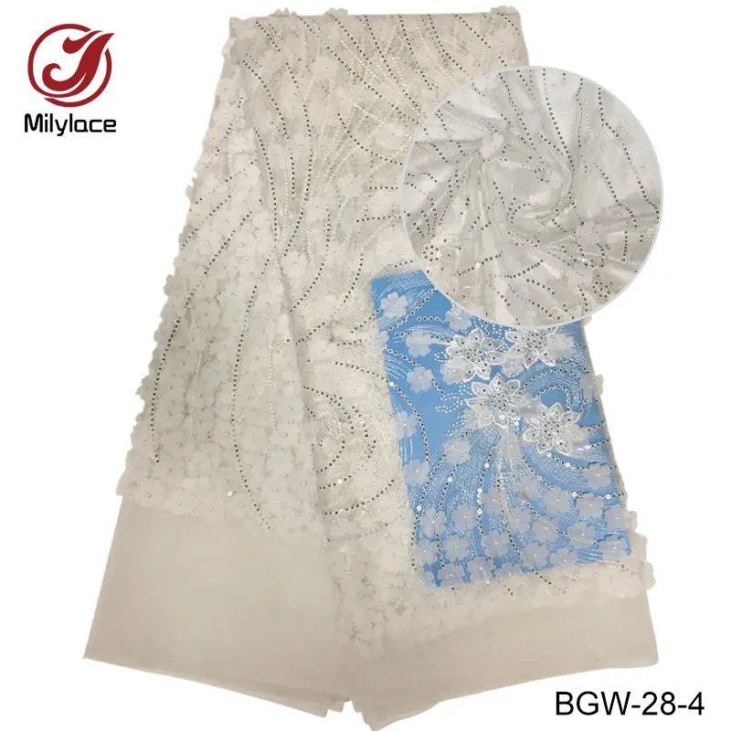 

African 3 d flowers french lace fabric colorful sequins nigeria tulle lace fabric 5 yards lace fabric BGW-28