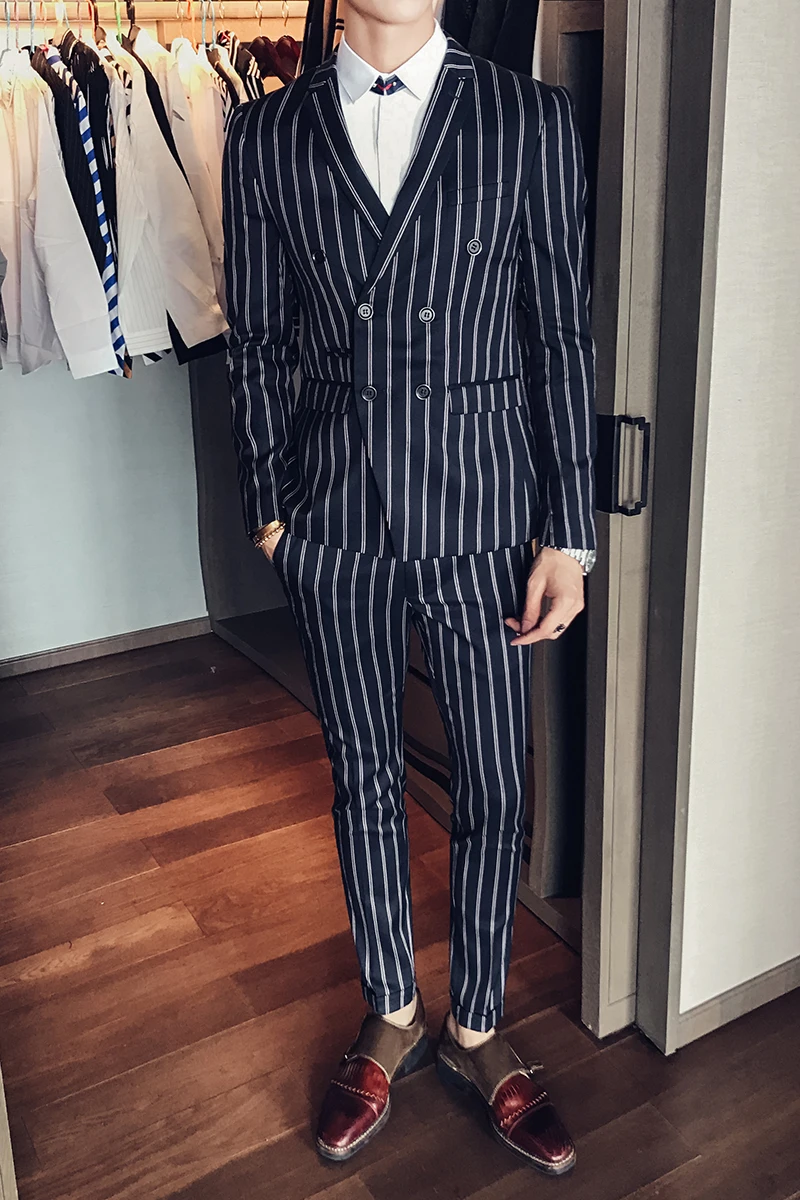 2017 мужские костюмы в полоску костюм двойка двубортные Ternos Slim Fit Smoking Masculino для