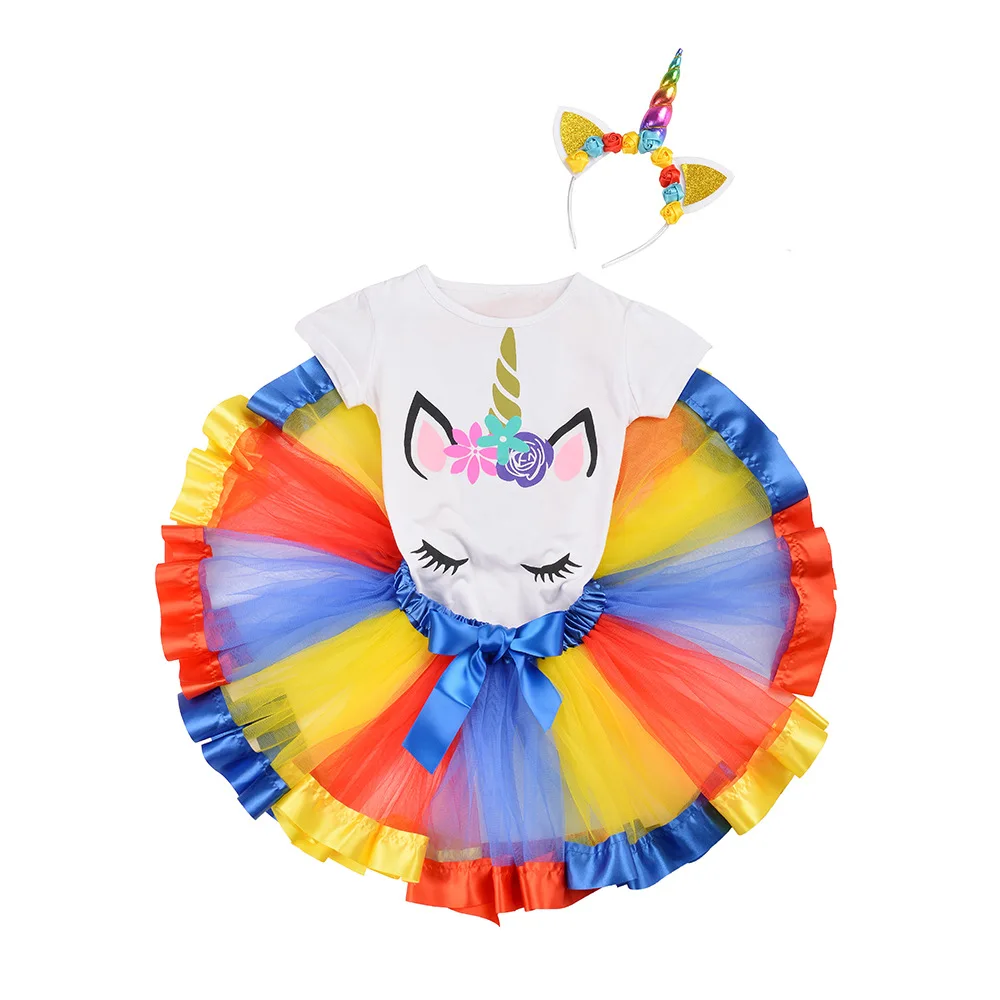 Комплект одежды из 3 предметов для девочек топ с единорогом + юбка пачка повязка