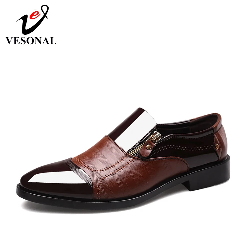 Мужские классические кожаные туфли VESONAL на молнии без шнуровки из лаковой кожи