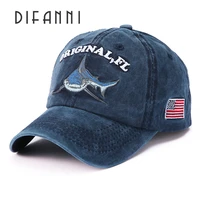difanni washed cotton men baseball cap fitted cap snapback hat for women gorras casual casquette embroidery fish shark retro cap