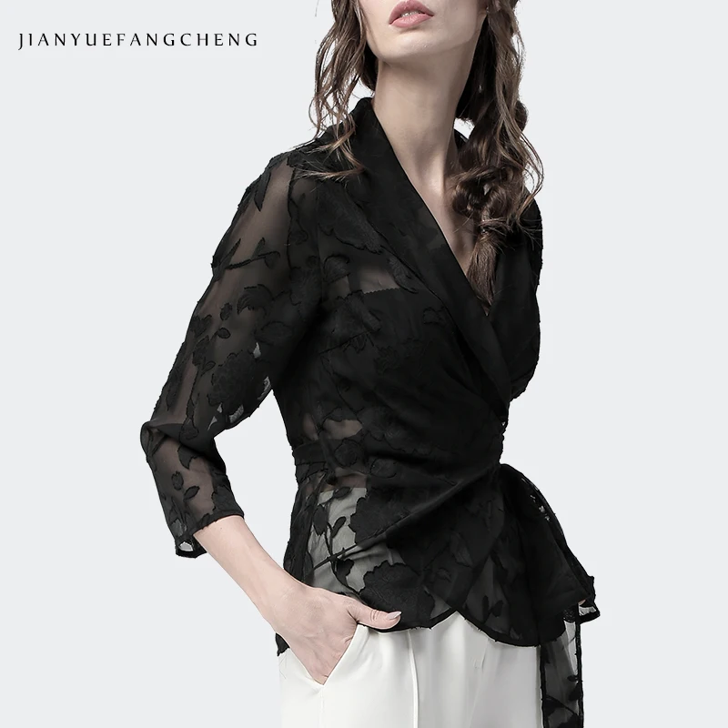 Сексуальная Прозрачная Черная шифоновая блуза с цветочным узором и бюстгальтер