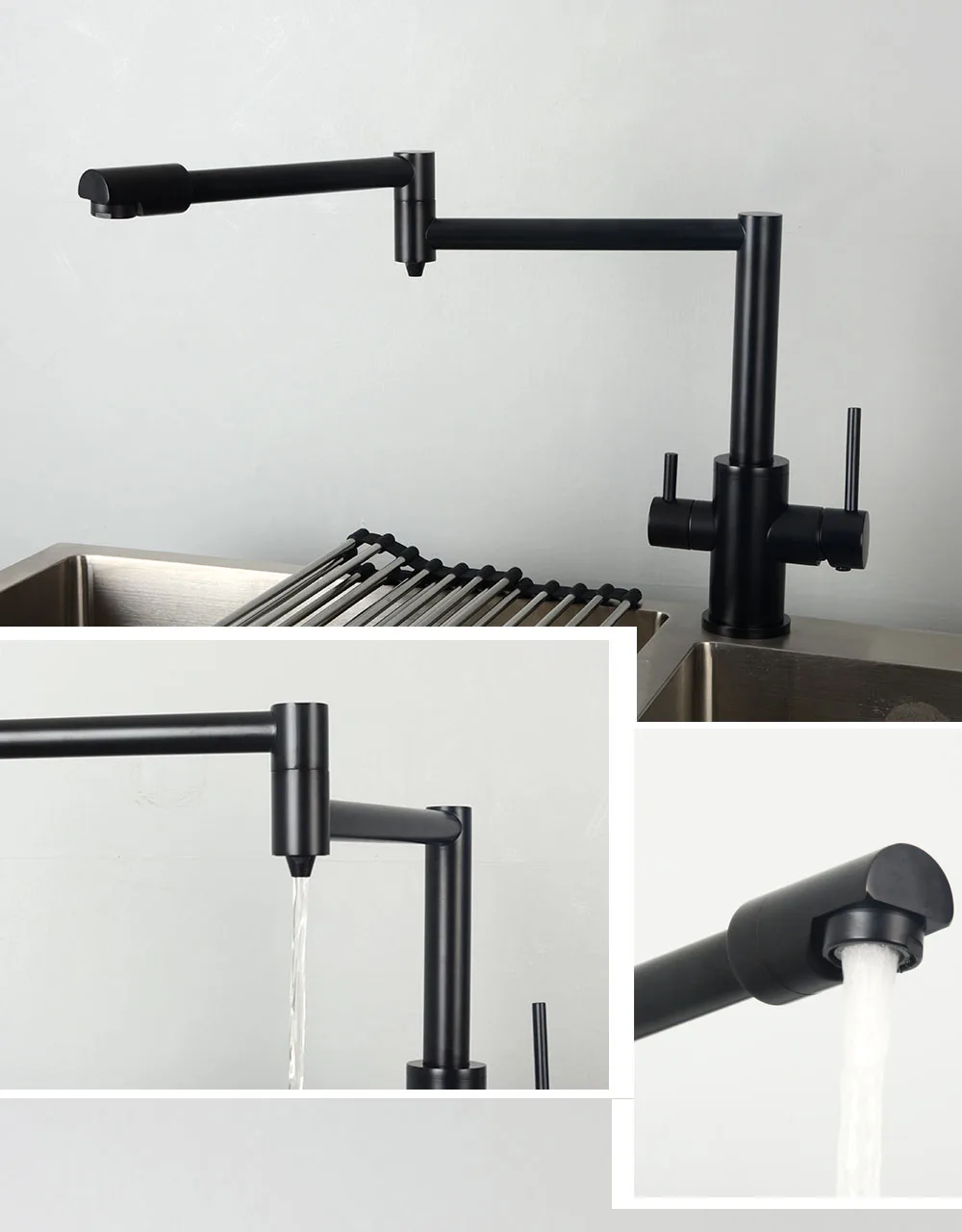 Double Function Kitchen Mixer Faucet With Drink Water Tap Brass Black Hot& Cold Water Tap Double Handles Sink Faucet