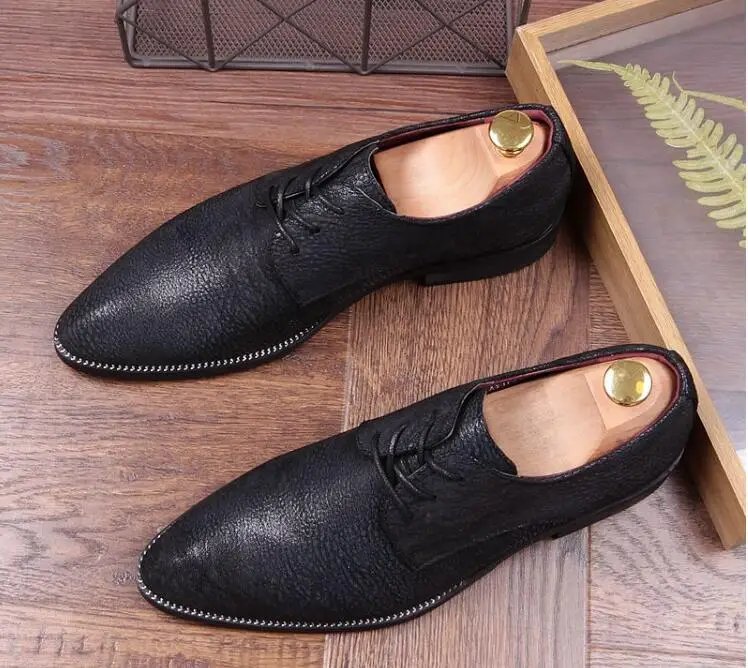 

Leather Shoes business dress lace-up pointed toe shoes British black wedding shoes all match fashion embossed increased shoes