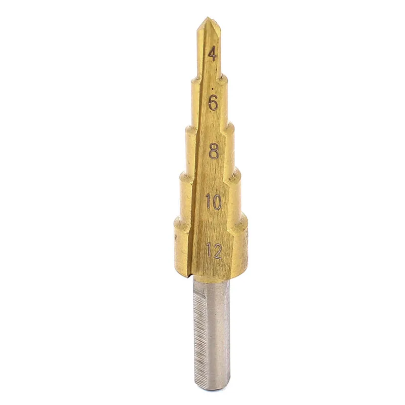 

Gold Tone Triangle Shank Titanium-Plated Straight 5 Step Flute Drill Bit 4-12mm