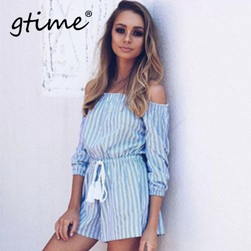 GTIME/дропшиппинг сексуальное платье с открытыми плечами в синюю полоску Для