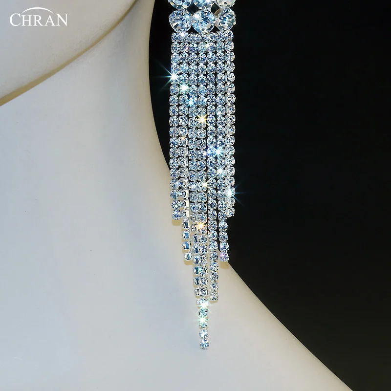 Chran Посеребренная Кристалл Rhinestone люстра серьги длинные Ленточки Серьги Jewelry
