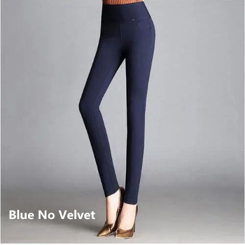Blue no Velvet Утолщенные теплые бархатные женские зимние брюки, черные, красные, синие Стрейчевые узкие брюки с высокой талией, Женские флисовые офисные брюки - Цвет: Blue no Velvet