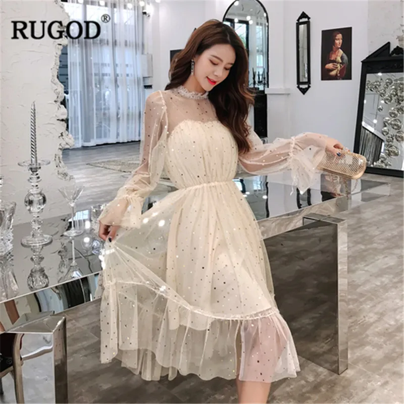 Женское платье с расклешенными рукавами RUGOD кружевное Сетчатое до колена