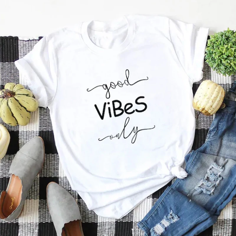 

Good Vibes Only T-shirt Top Tumblr Fashion Cotton Graphic Tee Shirt Casual Summer O-Neck Lifestyle Hipster Women's Tshirt Outfit