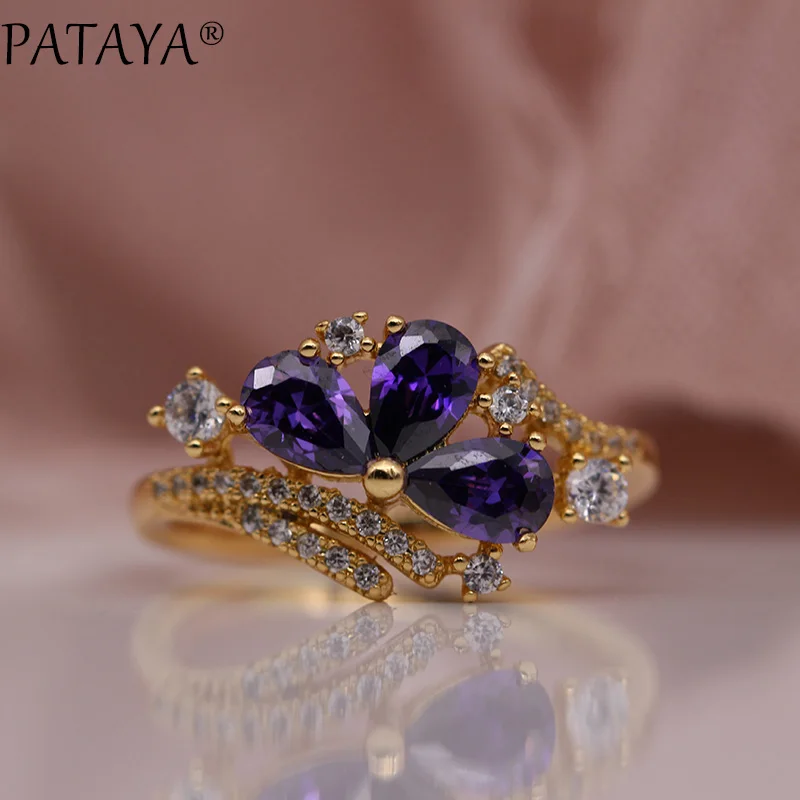 Purple PATAYA, новинка, три капли воды, женские кольца, 585, розовое золото, круглый природный Цирконий, Свадебная вечеринка, модные ювелирные изделия, трендовые цветные кольца - Цвет основного камня: Purple