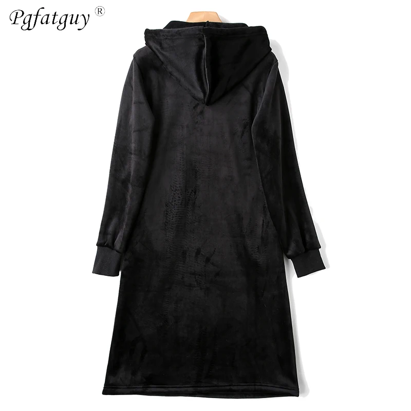 2019 New Autumn Beading Warm Sweater Dress Women Sexy Slim Female Hooded Drawstring Long Sleeve Gold Velvet Vestidos | Женская одежда