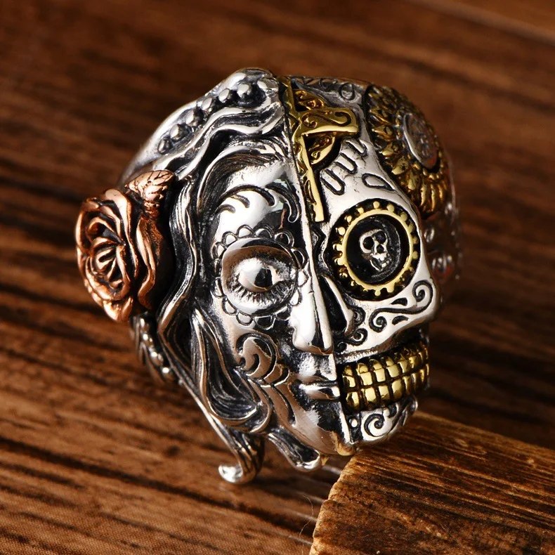 

100%925 sterling silver double-sided face skull personality ring free shipping