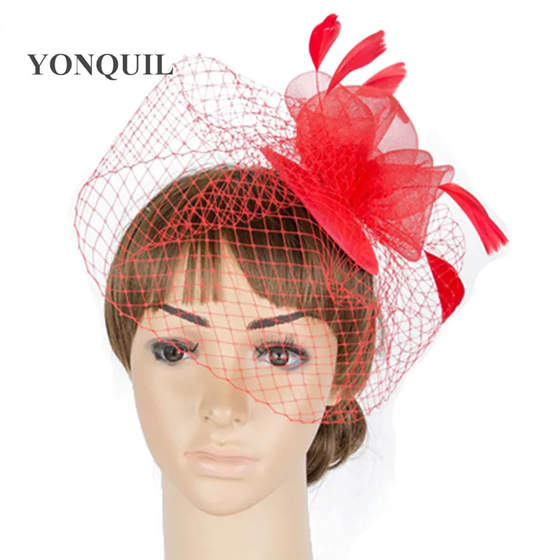 The Fashion White Feather Fascinator Hat high Quality Hot Pink Red Wedding Hair Accessories Wholesale and Retail 6Pcs/LOT MYQ063