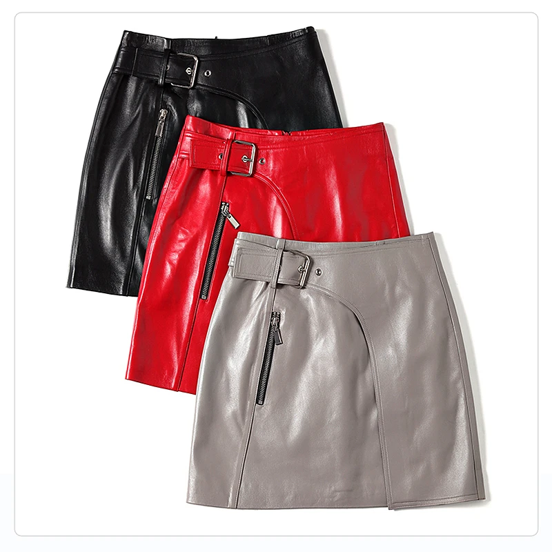 Genuine Leather Skirts Women 100% Sheepskin Asymmetrical Design High Street Style Zipper Solid Mini Bud New Fashion 2018 | Женская