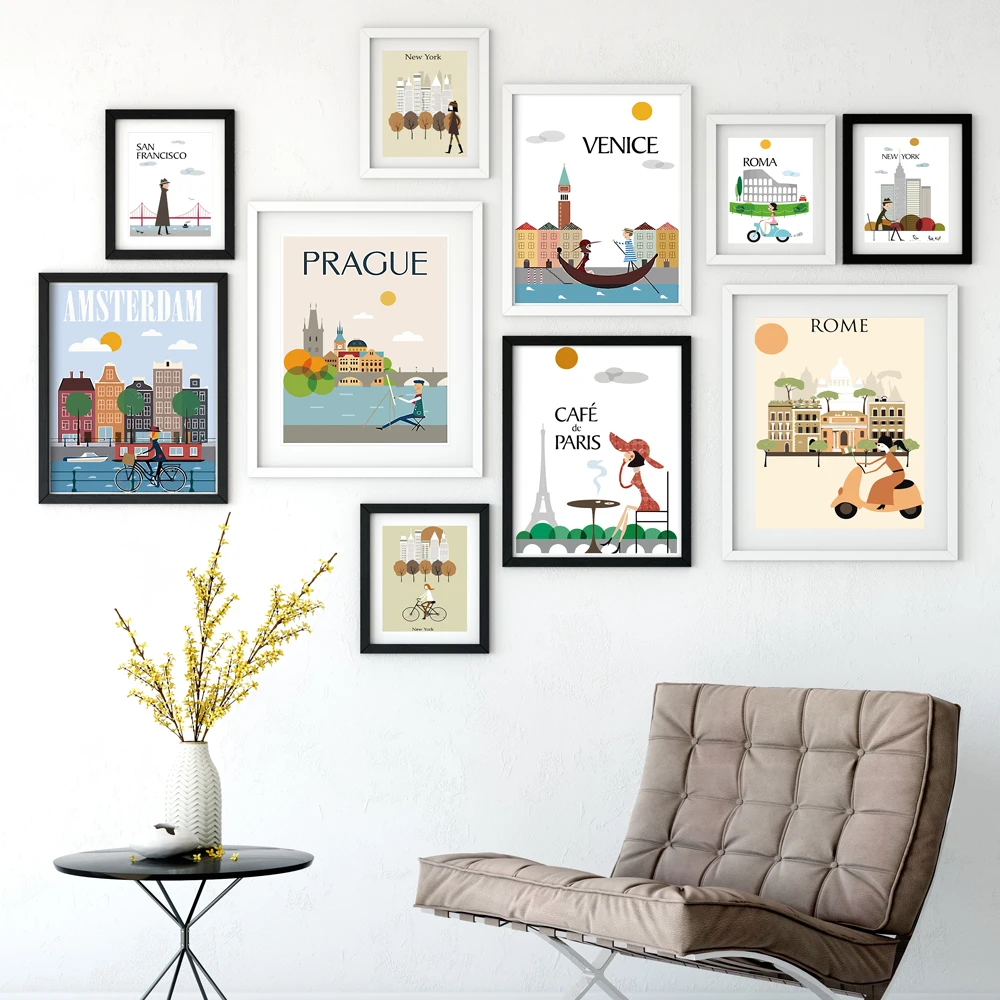 Модный мир большой город утром мультфильм ВИНТАЖНЫЙ ПЛАКАТ пейзаж искусство