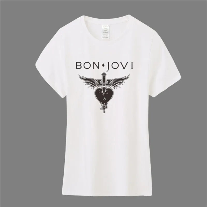 Летние модные женские туфли Bon Jovi футболка Изделие из хлопка с короткими рукавами