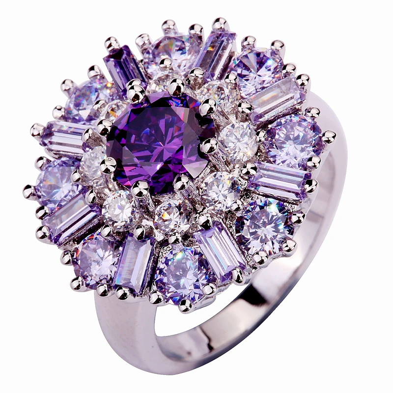 

lingmei Wholesale Exquisite CharmsFlower Purple Tourmaline White CZ Silver Color Ring Size 7 8 9 10 11 12 Alluring Women Jewelry