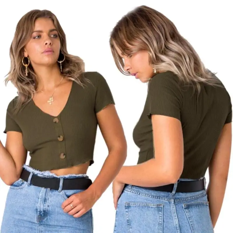 European Sexy Women Knitted Solid Color Short Sleeve Casual V Neck Crop Top | Женская одежда