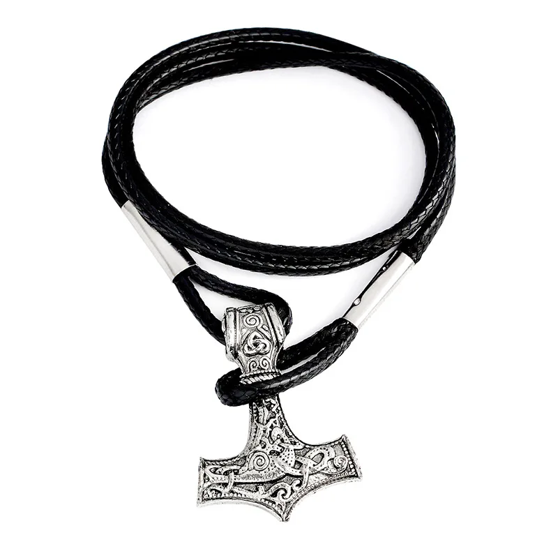 B58Silver BOYULIGE двойные топоры щит варварская голова Ворона кожаные мужские ювелирные изделия Викинги Многослойные браслеты амулет средневековый рыцарь - Окраска металла: B58Silver