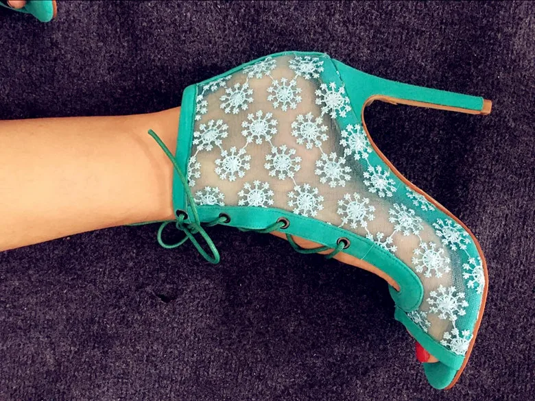 

Abesire Hot Sale Women Sexy Mesh Snow Flower High Heels Dress Shoes Ladies Open Toe Gladiator Sandals Boots Woman Ankle Boots
