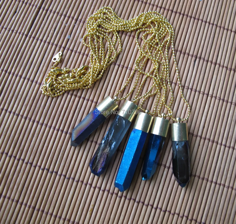 New arrived~Titnium Blue Quartz Point Necklace With gold chain 18