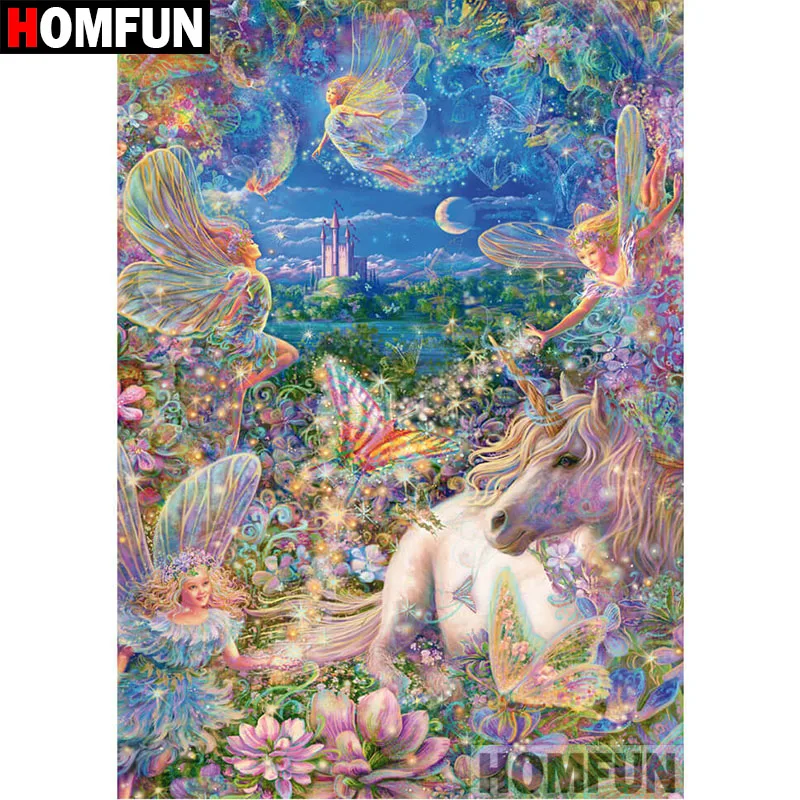 Алмазная 5D картина HOMFUN сделай сам полноразмерная/круглая вышивка ЕДИНОРОГ И эльф