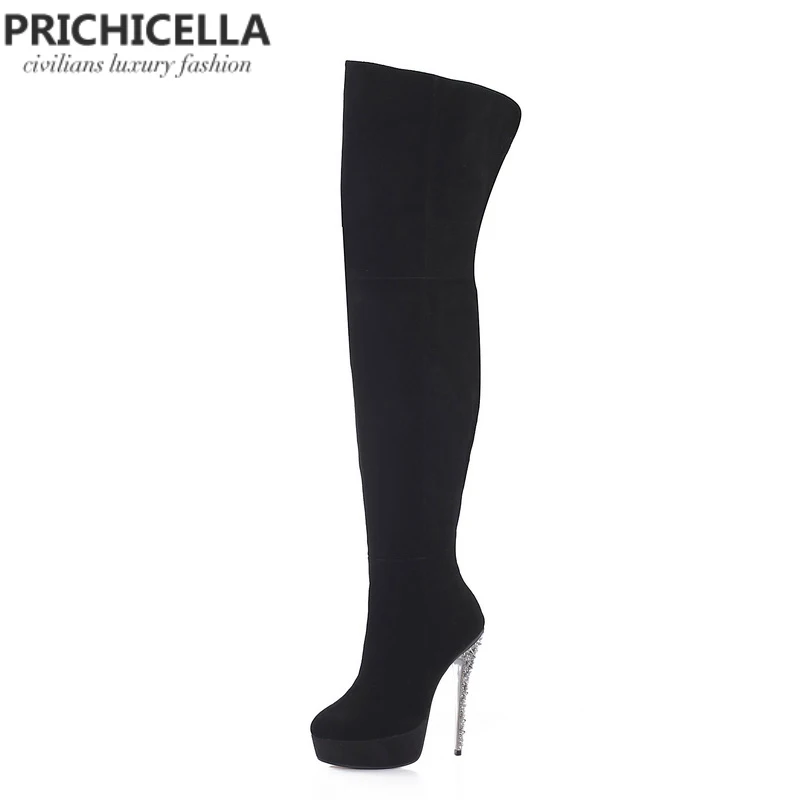 Черные замшевые сапоги на шпильках PRICHICELLA высокие из натуральной кожи платформе