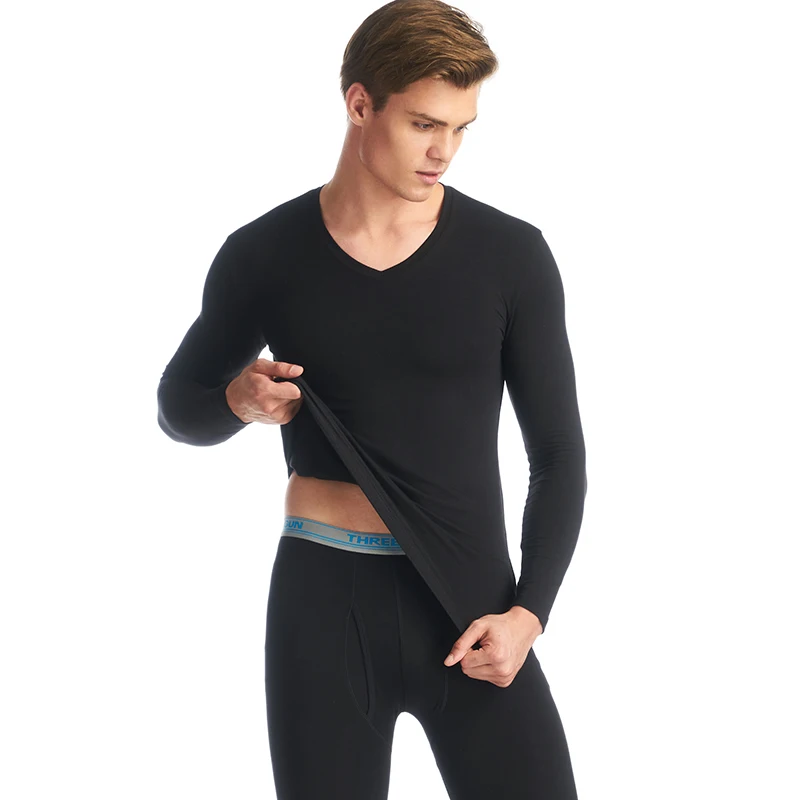 Black (V- Neck) THREEGUN Нижнее белье лайкры термобелье мужское V- Шея Термическое нижнее белье Модный пояс термобелье мужское зимнее Теплый джон термопредохранитель лосины мужские пижама рубашка+ Штаны комплект из 2 предметов теплый - Цвет: Black (V- Neck)