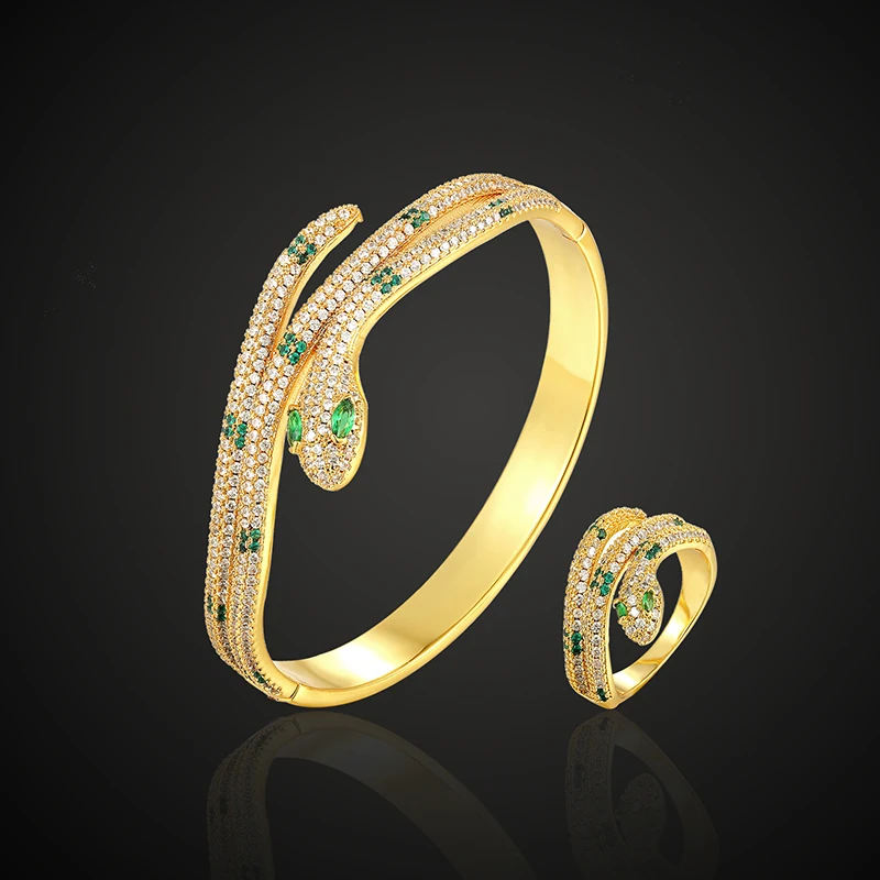 

Theresa luxury brand bangle with ring jewelry set animal snake classic green stone 3A cubic zircon micro pave setting fashion