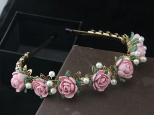 HAIRBAND 1 Европейский и американский стиль, Винтажный Розовый цветок, повязка на голову в стиле барокко, золотые металлические серьги с цветком и жемчугом - Окраска металла: HAIRBAND 1