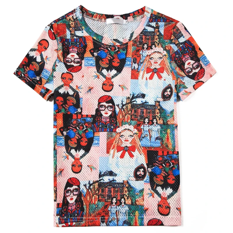 Trytree летняя повседневная женская футболка с рисунком круглым вырезом сетчатый