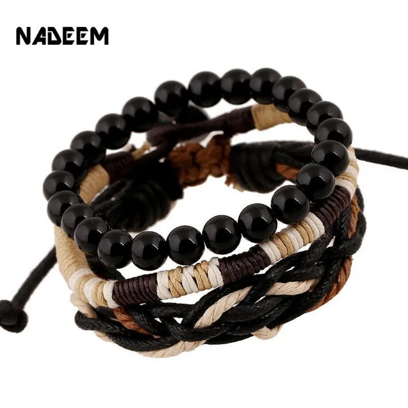 Мужской Многослойный кожаный браслет с бусинами NADEEM винтажный эластичный ручной