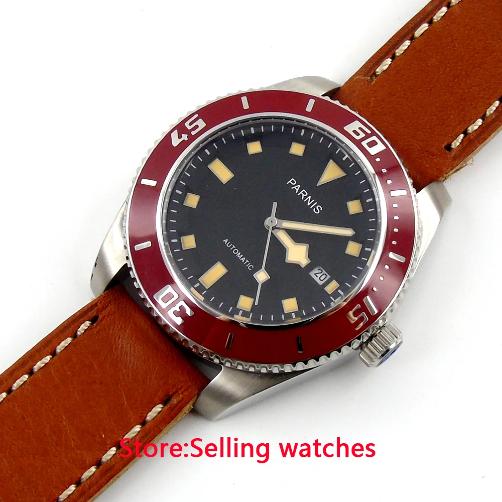 43 мм Parnis черный циферблат Желтый Знак сапфировое стекло автоматические мужские