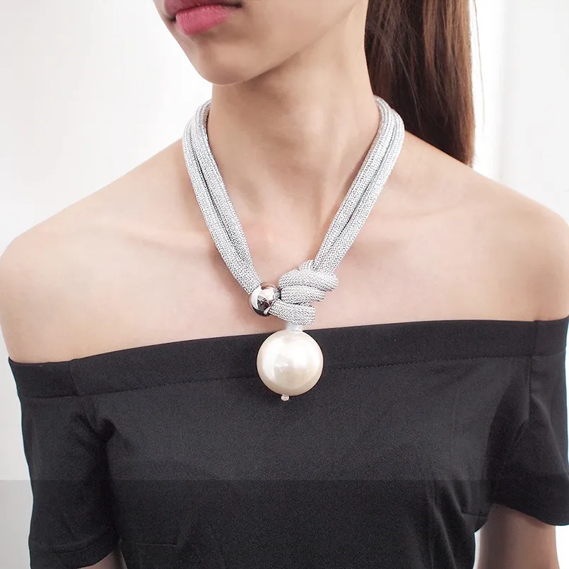 Silver Necklaces Крупный искусственный жемчуг, подвеска, ожерелья для женщин, толстая веревка, регулируемая, массивные чокеры, ожерелья, ювелирные изделия, UKMOC - Окраска металла: Silver Necklaces