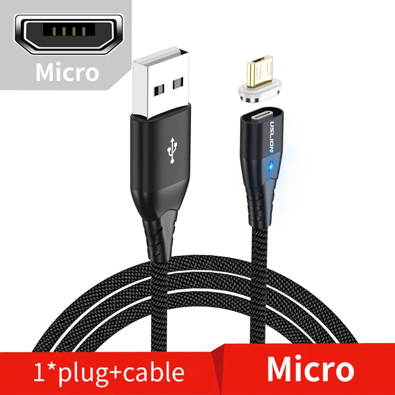 Black Micro Магнитный кабель USLION Micro USB Type C для iPhone XS Max XR Samsung S10 3A кабель для быстрой зарядки Type-C Магнитный кабель для зарядки 1 м 2 м - Цвет: Black Micro