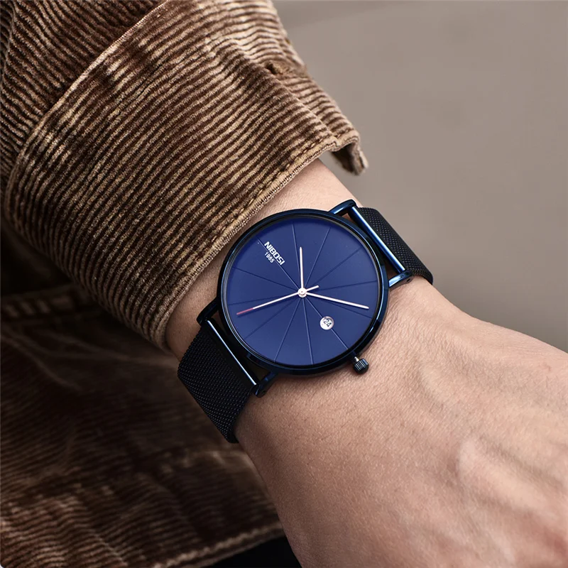 Повседневные деловые мужские часы NIBOSI в простом стиле кварцевые из стали и кожи