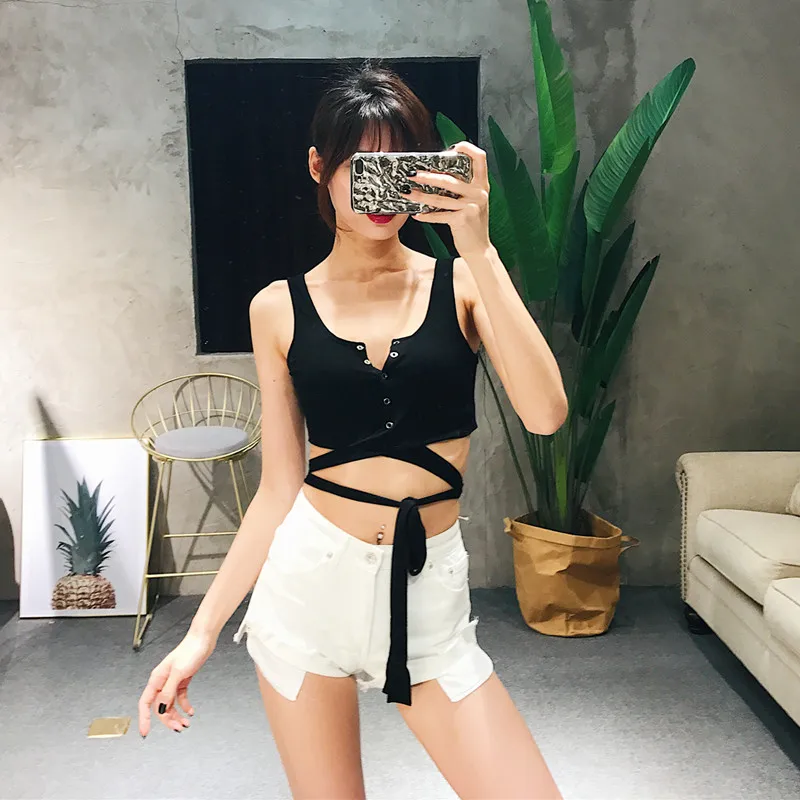 Женский укороченный топ на пуговицах спереди с завязками|crop tank|ribbed tankbutton tank |