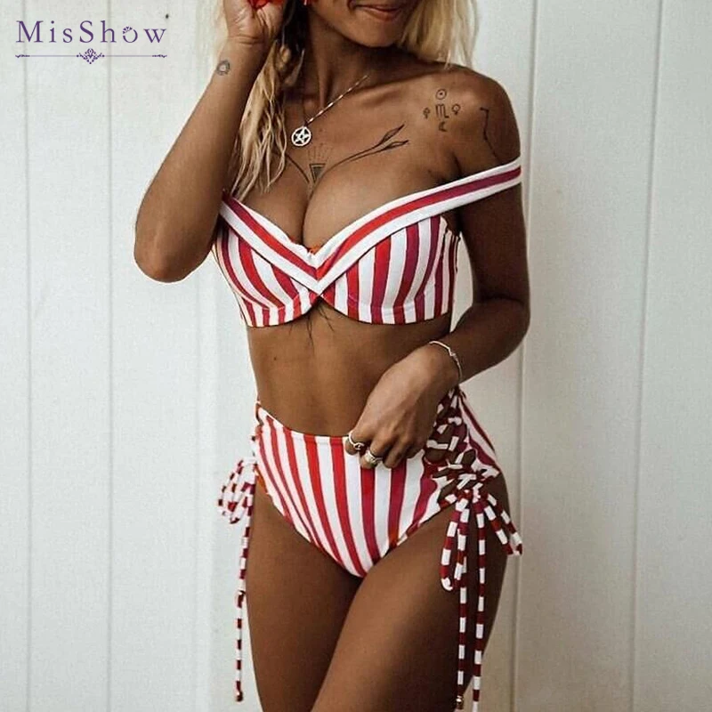 Красный в полоску с высокой талией бикини Для женщин сексуальный горловиной