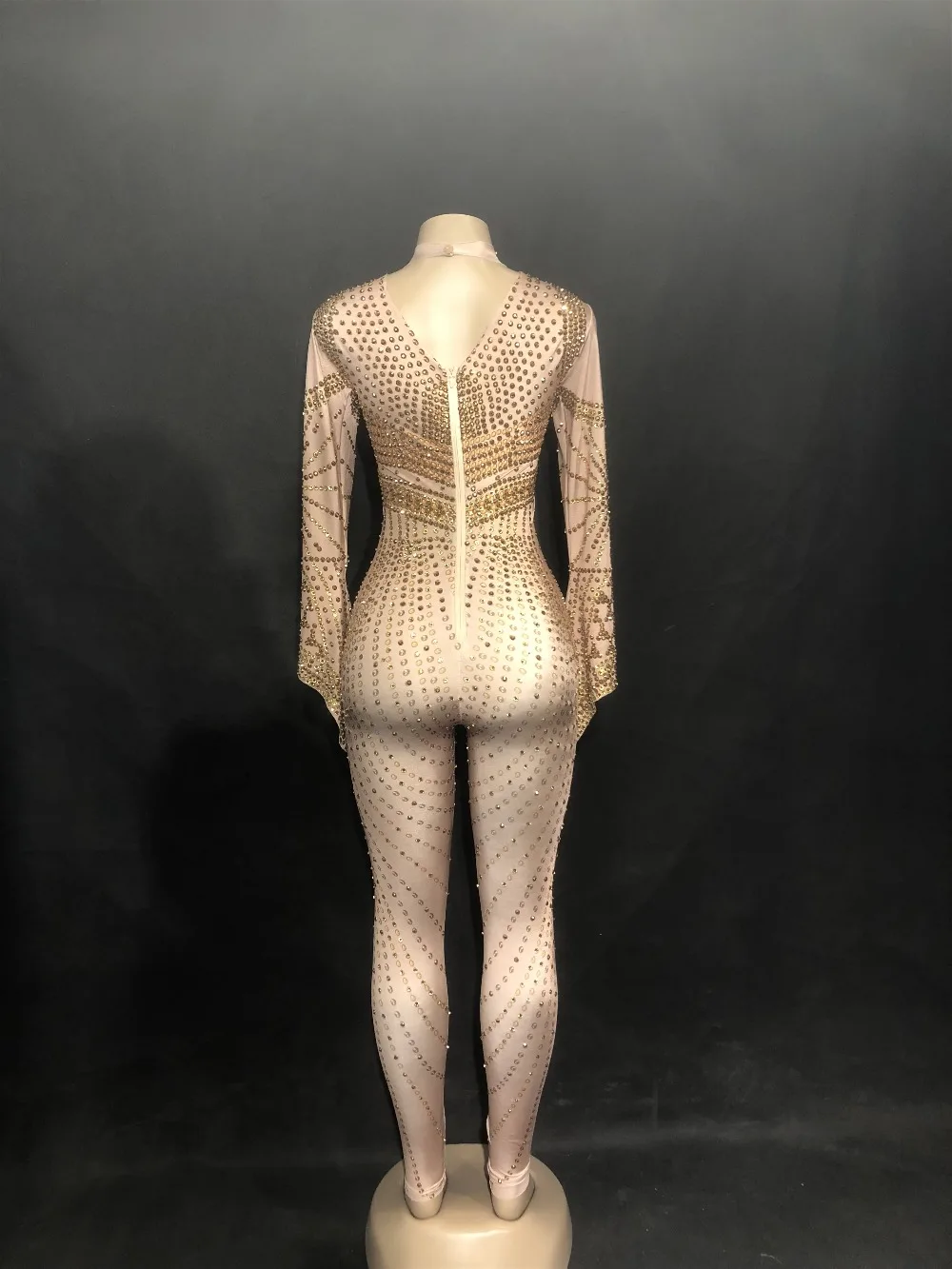 Женский золотистый Блестящий Комбинезон с кристаллами телесного цвета костюм