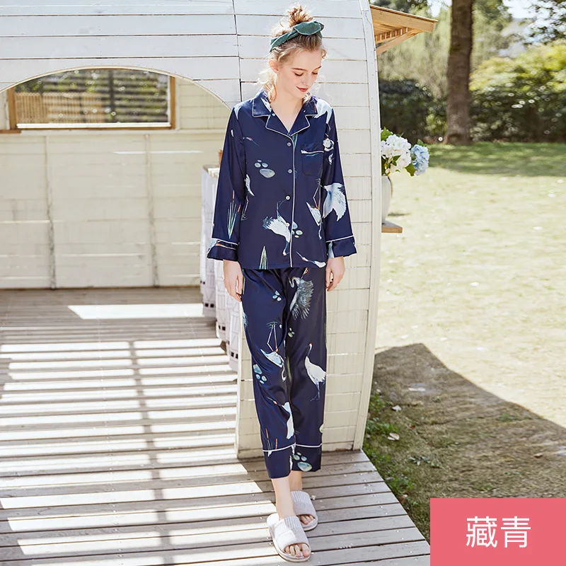 Navy Blue Spring Womens Shirt Pants Suit Robe Bath Gown Sleepwear Sets Casual Long Sleeve Top Pajamas Ladies Home Wear Nightwear | Женская