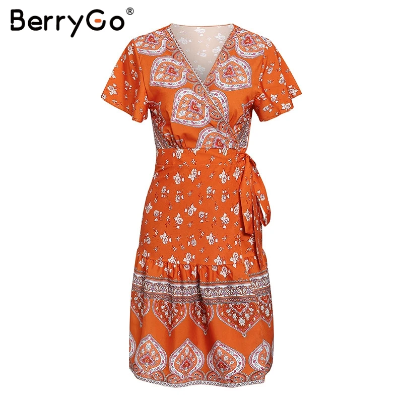 BerryGo женские платья Boho floaral Платье с принтом сексуальные глубокие v-образным